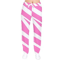 White Pink Stripes, Pattern Women Velvet Drawstring Pants