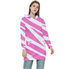 White Pink Stripes, Pattern Women s Long Oversized Pullover Hoodie