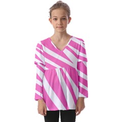 White Pink Stripes, Pattern Kids  V Neck Casual Top by kyorashop23