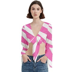 White Pink Stripes, Pattern Trumpet Sleeve Cropped Top