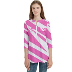 White Pink Stripes, Pattern Women s Zip Front V-neck 3/4 Sleeve Casual Top Pocket Shirt