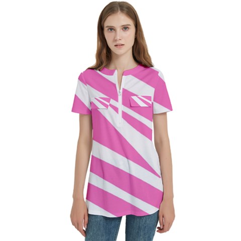 White Pink Stripes, Pattern Women s Zip Front V-neck Short Sleeve Casual Top Pocket Shirt by kyorashop23