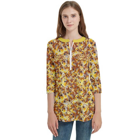 Whimsy Chickens Pattern (ai) Women s Zip Front V-neck 3/4 Sleeve Casual Top Pocket Shirt by dflcprintsclothing