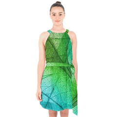 3d Leaves Texture Sheet Blue Green Halter Collar Waist Tie Chiffon Dress by Cemarart