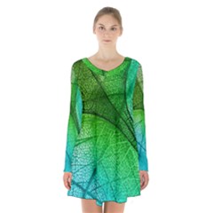 3d Leaves Texture Sheet Blue Green Long Sleeve Velvet V-neck Dress