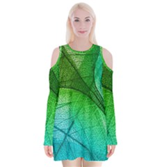 3d Leaves Texture Sheet Blue Green Velvet Long Sleeve Shoulder Cutout Dress by Cemarart