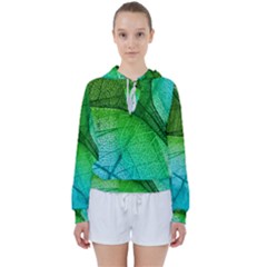 3d Leaves Texture Sheet Blue Green Women s Tie Up Sweat