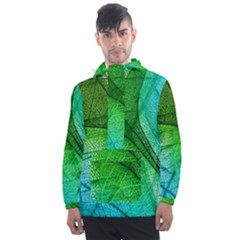 3d Leaves Texture Sheet Blue Green Men s Front Pocket Pullover Windbreaker