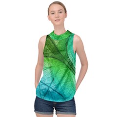 3d Leaves Texture Sheet Blue Green High Neck Satin Top