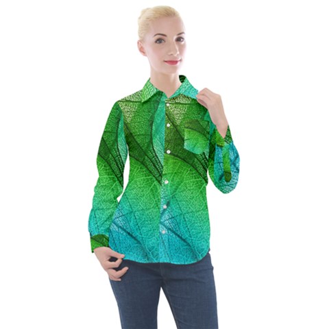 3d Leaves Texture Sheet Blue Green Women s Long Sleeve Pocket Shirt by Cemarart