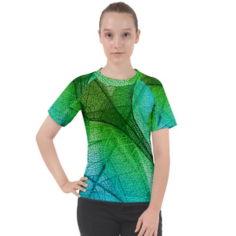 3d Leaves Texture Sheet Blue Green Women s Sport Raglan T-shirt by Cemarart