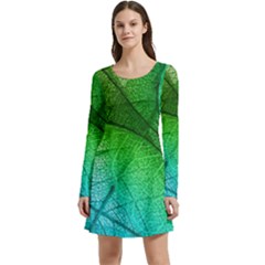 3d Leaves Texture Sheet Blue Green Long Sleeve Velour Skater Dress by Cemarart