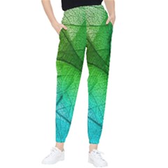 3d Leaves Texture Sheet Blue Green Women s Tapered Pants by Cemarart