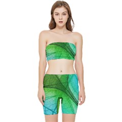 3d Leaves Texture Sheet Blue Green Stretch Shorts And Tube Top Set by Cemarart