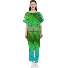 3d Leaves Texture Sheet Blue Green Batwing Lightweight Chiffon Jumpsuit