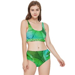 3d Leaves Texture Sheet Blue Green Frilly Bikini Set by Cemarart