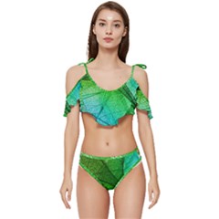 3d Leaves Texture Sheet Blue Green Ruffle Edge Tie Up Bikini Set	 by Cemarart