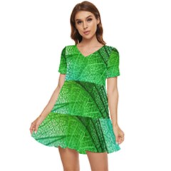 3d Leaves Texture Sheet Blue Green Tiered Short Sleeve Babydoll Dress by Cemarart