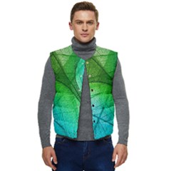 3d Leaves Texture Sheet Blue Green Men s Button Up Puffer Vest	