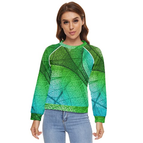 3d Leaves Texture Sheet Blue Green Women s Long Sleeve Raglan T-shirt by Cemarart