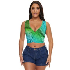 3d Leaves Texture Sheet Blue Green Women s Sleeveless Wrap Top by Cemarart