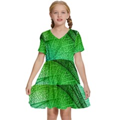 3d Leaves Texture Sheet Blue Green Kids  Short Sleeve Tiered Mini Dress