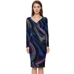 Multicolored Abstract Dynamic Shapes Print Long Sleeve V-neck Bodycon Dress  by dflcprintsclothing