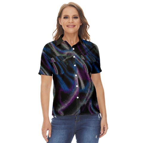 Multicolored Abstract Dynamic Shapes Print Women s Short Sleeve Double Pocket Shirt by dflcprintsclothing