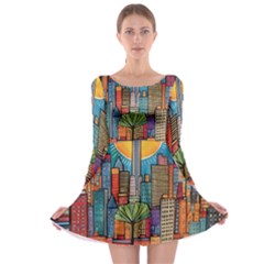 City New York Nyc Skyscraper Skyline Downtown Night Business Urban Travel Landmark Building Architec Long Sleeve Skater Dress