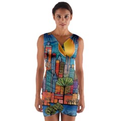 City New York Nyc Skyscraper Skyline Downtown Night Business Urban Travel Landmark Building Architec Wrap Front Bodycon Dress