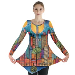 City New York Nyc Skyscraper Skyline Downtown Night Business Urban Travel Landmark Building Architec Long Sleeve Tunic 