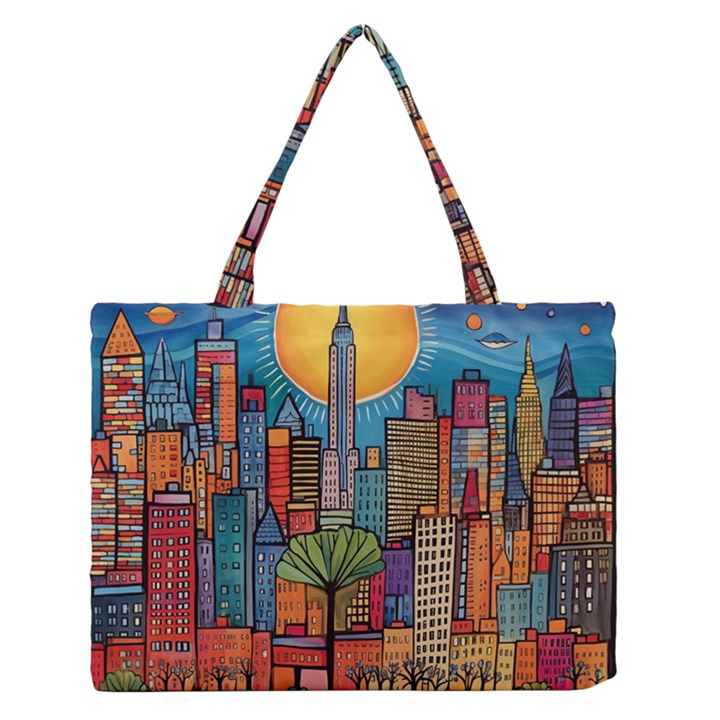 City New York Nyc Skyscraper Skyline Downtown Night Business Urban Travel Landmark Building Architec Zipper Medium Tote Bag