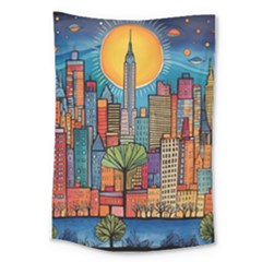 City New York Nyc Skyscraper Skyline Downtown Night Business Urban Travel Landmark Building Architec Large Tapestry