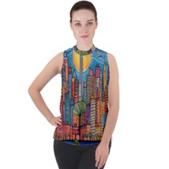 City New York Nyc Skyscraper Skyline Downtown Night Business Urban Travel Landmark Building Architec Mock Neck Chiffon Sleeveless Top by Posterlux