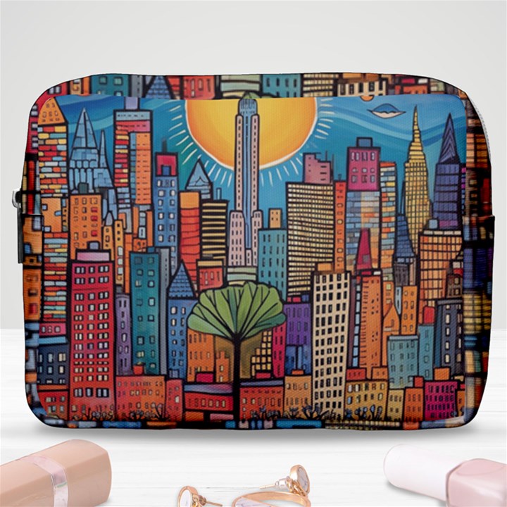 City New York Nyc Skyscraper Skyline Downtown Night Business Urban Travel Landmark Building Architec Make Up Pouch (Large)