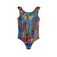 City New York Nyc Skyscraper Skyline Downtown Night Business Urban Travel Landmark Building Architec Kids  Frill Swimsuit by Posterlux