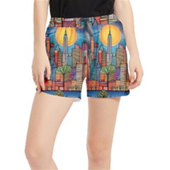 City New York Nyc Skyscraper Skyline Downtown Night Business Urban Travel Landmark Building Architec Women s Runner Shorts by Posterlux