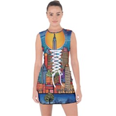 City New York Nyc Skyscraper Skyline Downtown Night Business Urban Travel Landmark Building Architec Lace Up Front Bodycon Dress