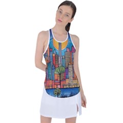 City New York Nyc Skyscraper Skyline Downtown Night Business Urban Travel Landmark Building Architec Racer Back Mesh Tank Top by Posterlux