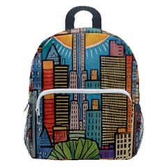 City New York Nyc Skyscraper Skyline Downtown Night Business Urban Travel Landmark Building Architec Kids  Age 5-10 Lightweight School Backpack With Side Pockets by Posterlux