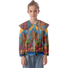 City New York Nyc Skyscraper Skyline Downtown Night Business Urban Travel Landmark Building Architec Kids  Peter Pan Collar Blouse by Posterlux