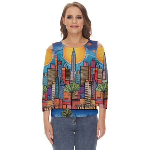 City New York Nyc Skyscraper Skyline Downtown Night Business Urban Travel Landmark Building Architec Cut Out Wide Sleeve Top by Posterlux