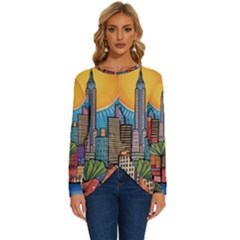 City New York Nyc Skyscraper Skyline Downtown Night Business Urban Travel Landmark Building Architec Long Sleeve Crew Neck Pullover Top by Posterlux