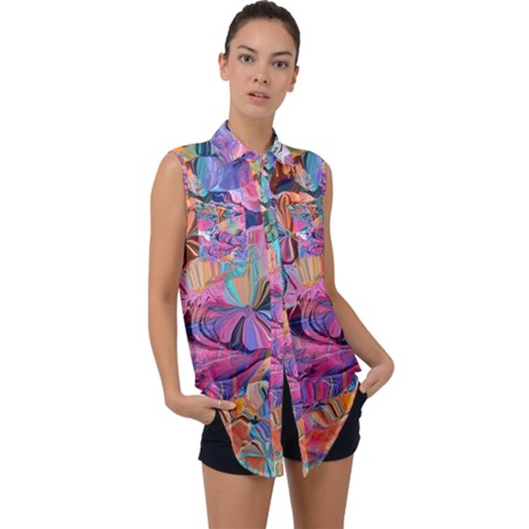 Marbling Blend  Sleeveless Chiffon Button Shirt by kaleidomarblingart