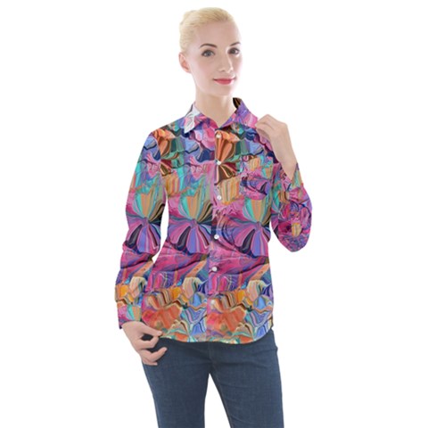 Marbling Blend  Women s Long Sleeve Pocket Shirt by kaleidomarblingart