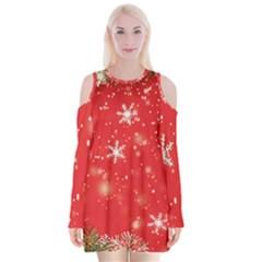 Christmas Ornament Velvet Long Sleeve Shoulder Cutout Dress