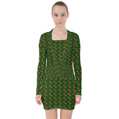 Kawaii Pumpkin Patt Green V-neck Bodycon Long Sleeve Dress by snowwhitegirl