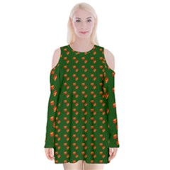 Kawaii Pumpkin Patt Green Velvet Long Sleeve Shoulder Cutout Dress