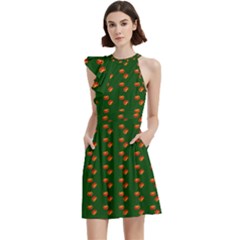 Kawaii Pumpkin Patt Green Cocktail Party Halter Sleeveless Dress With Pockets