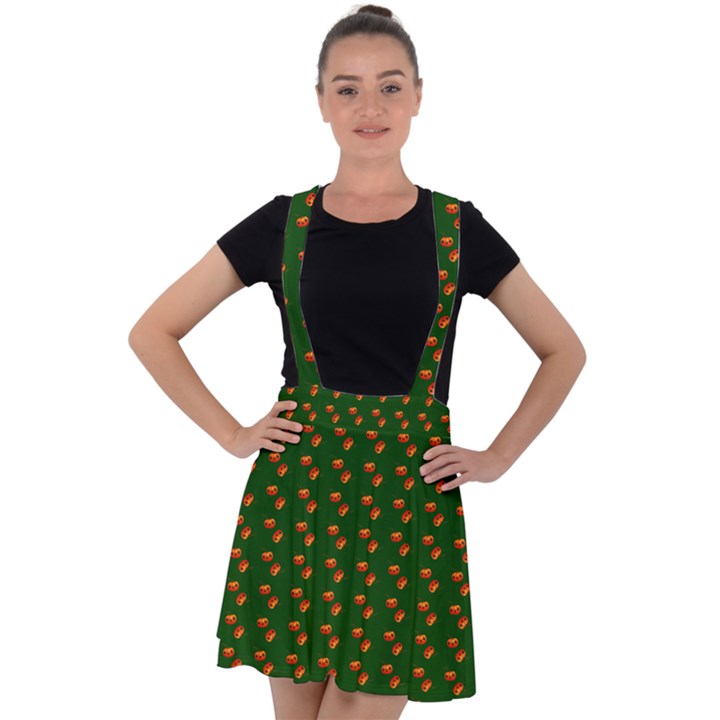 Kawaii Pumpkin Patt Green Velvet Suspender Skater Skirt